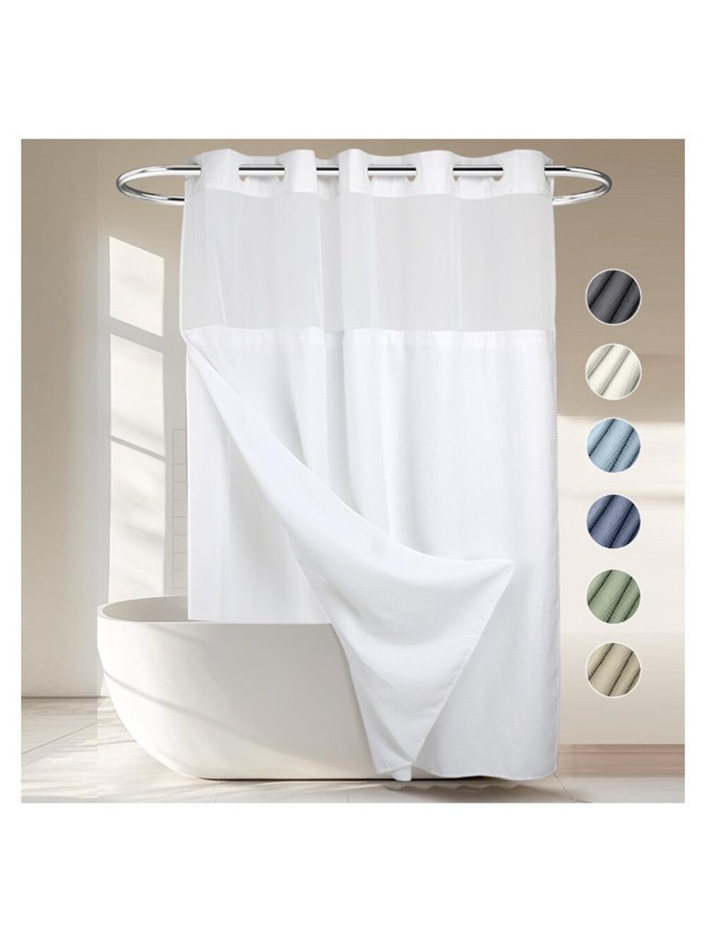 Heavyweight Waffle Weave Shower Curtain Set with Snap-in Liner No Hooks Needed